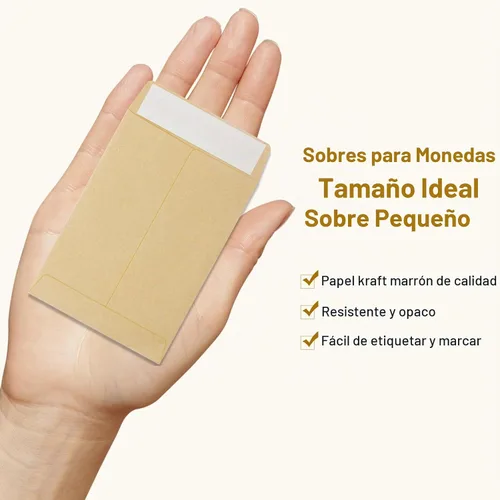 Vista 2 de Paquete de 100 sobres para monedas de 3.23 x 4.53 pulgadas, sobres pequeños de papel kraft marrón, sobres de semillas completamente sellados, sobres