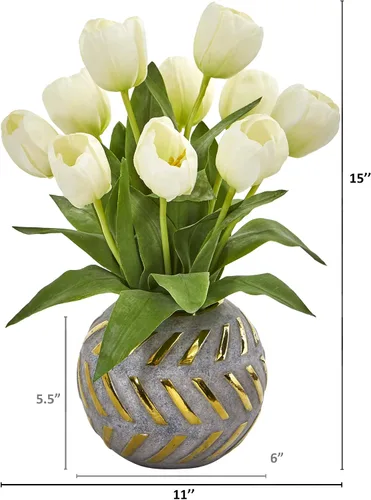 Vista 2 de Nearly Natural Arreglo artificial de tulipanes en jarrón decorativo Blanco