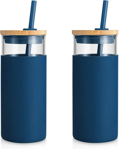 Vista 10 de Tronco Vaso de vidrio de 20 onzas con tapa y popote, taza de café helado y vaso para batido con tapas de bambú y funda protectora de silicona, apto