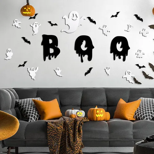 Vista 3 de 25 calcomanías de pared de Halloween, decoración de pared de fantasmas 3D, reutilizables, autoadhesivas, calcomanías de pared de Halloween