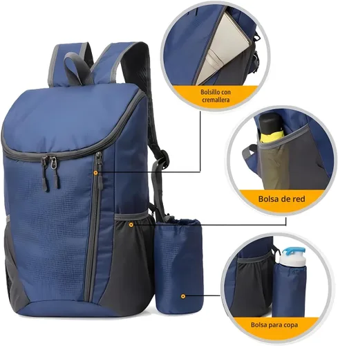 Vista 6 de Mochila plegable portátil, mochila plegable para montañismo, mochila ultraligera para ciclismo al aire libre, mochila de senderismo para viajes Negro