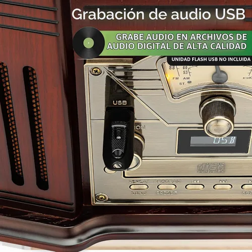 Vista 5 de ClearClick Tocadiscos todo en uno con reproductor de discos de 3 velocidades, Bluetooth, CD, cinta de casete, radio AM/FM, auxiliar, USB, altavoces