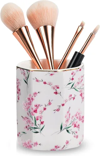 Vista 5 de Soporte para bolígrafo para escritorio, con patrón floral, taza de lápices para niñas, niños, organizador de escritorio de cerámica duradero, Rosa