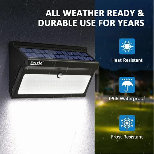 Vista 5 de Luces solares para exteriores, impermeables, 100 luces LED con sensor de movimiento solar con gran angular súper brillantes luces de pared