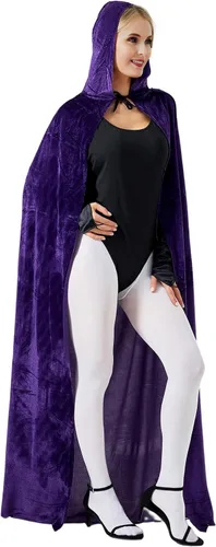 Vista 8 de Shinymoon Women's Halloween Cosplay Costume Purple Bodysuit with Hooded Cloak Velvet Cape Foot Tight Satin Gloves Suits