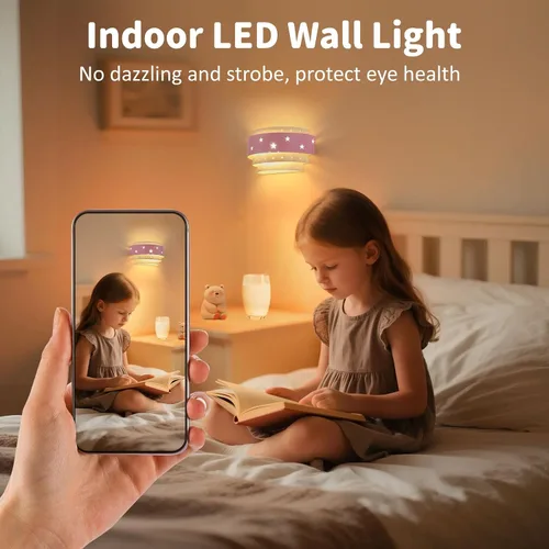 Vista 11 de Lightess Aplique de pared rosa que funciona con pilas para habitación de niñas, lámpara de pared LED regulable con forma de estrella, lámpara