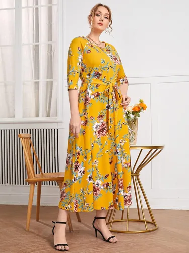 Vista 4 de WDIRARA Vestido acampanado con estampado floral y cuello redondo para mujer talla grande con cinturón acampanado Verde menta