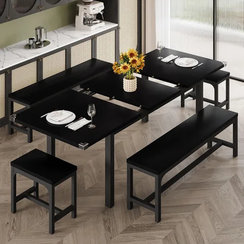 Vista 13 de iPormis Juego de mesa de comedor extensible de 7 piezas con 6 taburetes, juego de mesa de cocina de 63 pulgadas para 4 a 8 personas, mesa de comedor