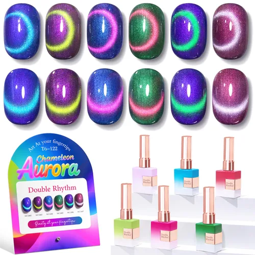 Vista 34 de Double Rhythm - Juego de esmalte de uñas de gel ojo de gato de 6 unidades, mismo color, misma botella, 14.8 ml, brillo con glitter, con imán Aurora