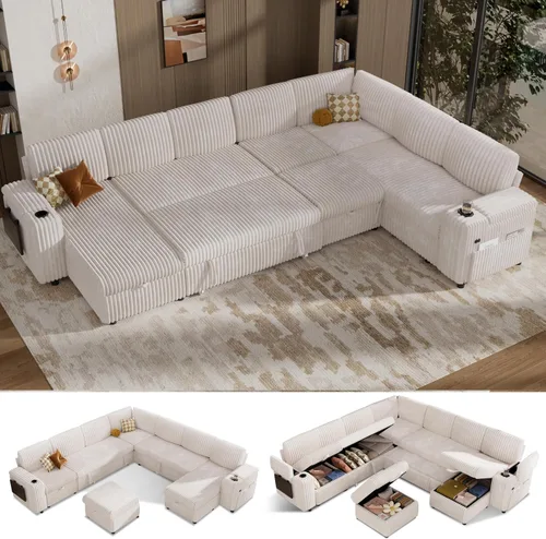 Vista 16 de Vipbear Sofá cama modular de 86 pulgadas con cama extraíble, sofá en forma de L de pana de felpa de 3 asientos con diván de almacenamiento, puertos