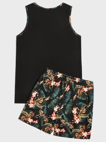 Vista 2 de Floerns Conjunto de pantalones cortos tribales con cordón para hombre, sin mangas, traje de dos piezas