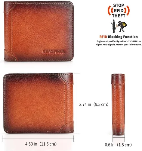 Vista 21 de Billetera de piel triple con bloqueo RFID para hombre con 2 ventanas de identificación, 2 compartimentos para efectivo, 6-8 ranuras para tarjetas