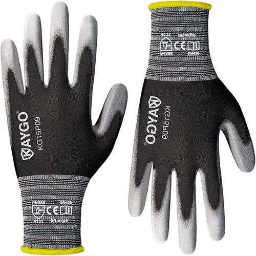 Vista 15 de KAYGO Guantes de trabajo con revestimiento de poliuretano 12 pares, KG15P, forro de nailon con revestimiento de poliuretano flexible, guantes