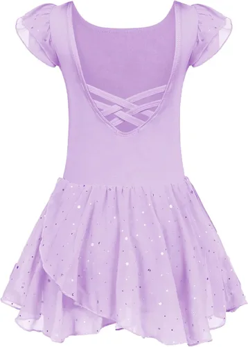 Vista 38 de Arshiner - Vestido de baile de ballet con mangas con volantes, leotardo de tutú con ruedo para niñas Lila