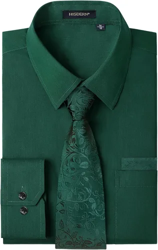 Vista 86 de HISDERN Mens Dress Shirt with Tie Pocket Square Set Classic Button Down Shirt Matching Tie Long Sleeve Shirts 08-verde