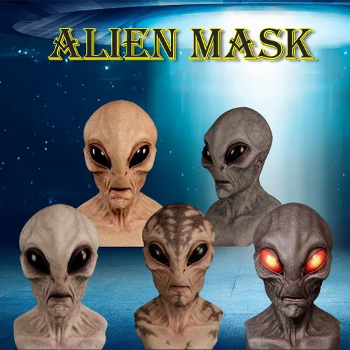 Vista 2 de Máscara de Halloween, máscara de cabeza de alienígena para Halloween, fiesta de disfraces