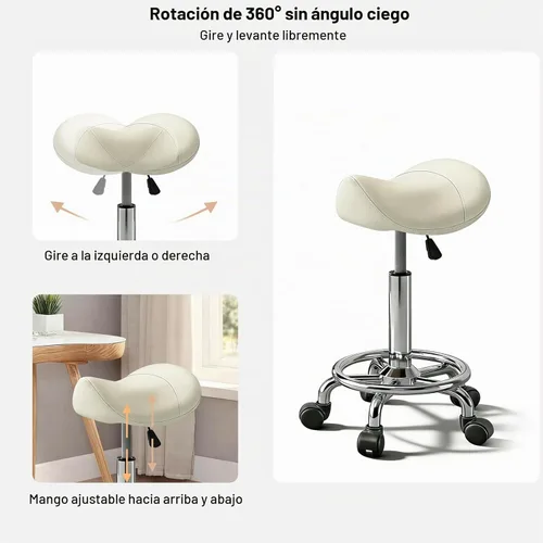 Vista 3 de Taburete con pedal de anillo, silla hidráulica ajustable con ruedas para uso médico, masaje, salón, spa, cocina y dibujo Blanco