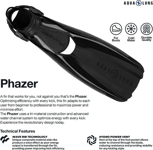 Vista 5 de Aqualung Phazer Dive Fins Tri-Material Open-Heel Scuba Diving Swim Fins w/Wave Rib Technology, Hydro Power Vent