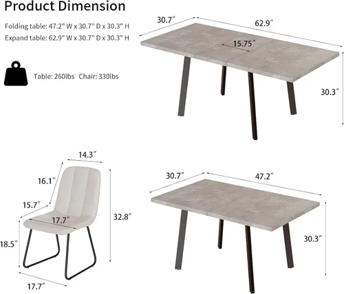 Vista 2 de Zerifevni 47.2"- 62.9" Extendable Dining Table Set of 5 Kitchen Table with 4 Dining Chairs, Modern Gray Wood Grain, Waterproof Scratchproof for