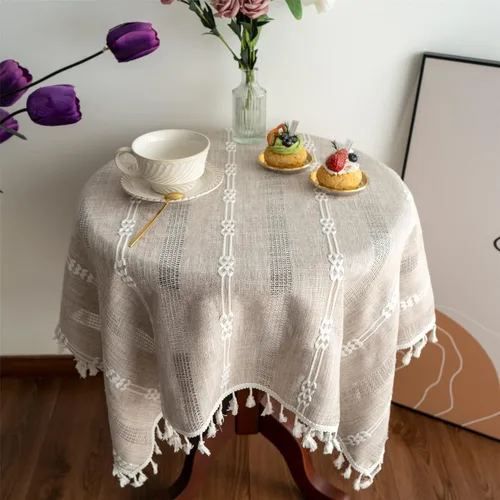 Vista 2 de Gernaice Mantel bordado de rayas rústicas con borlas cuadradas y pequeñas de algodón y lino, sin arrugas, lavable, para mesita de noche, café, Marrón
