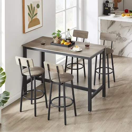 Vista 2 de Moderno juego de mesa y silla de bar para 4 mesas y taburetes de altura de mostrador con respaldo, mesa de comedor rectangular, juego de 5