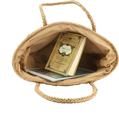 Vista 3 de Bolso de playa con borlas y paja, tejido para el hombro, para el verano, bolso de mano tejido con asa superior para mujeres y niñas, viajes