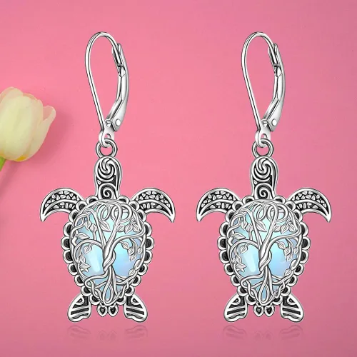 Vista 6 de Aretes de gato con piedra lunar, árbol de la vida, tortuga, colibrí, aretes para mujer, plata de ley, dragón y mariposa, colgantes, regalos