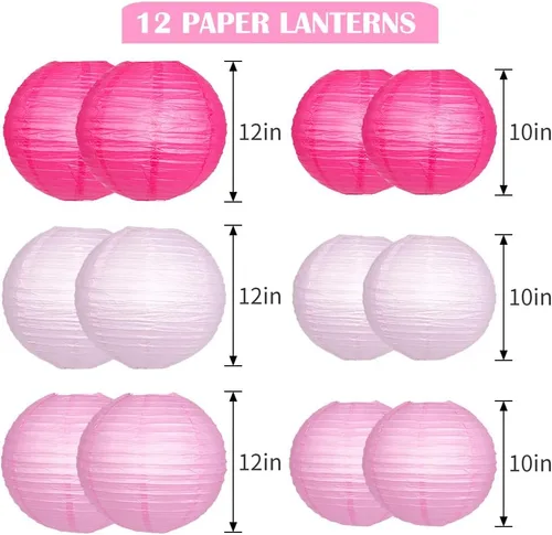 Vista 2 de Faroles de papel decorativos, faroles chinos redondos colgantes rosados con luces para compromiso, despedida de soltera, fiesta de cumpleaños, 12