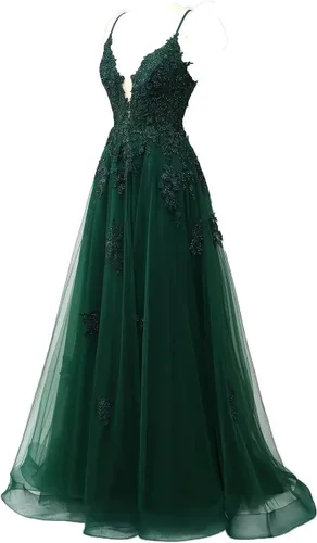 Vista 2 de Kncpti Vestido de fiesta con tirantes delgados, cuello en V, apliques, largo, formal, vestido de baile de noche, sexy, con abertura para mujer