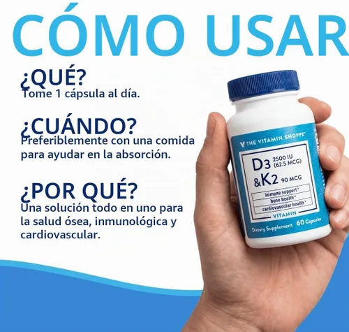 Vista 5 de The Vitamin Shoppe Brand Vitamina D3 2500 UI y K2 90 MCG, 60 cápsulas