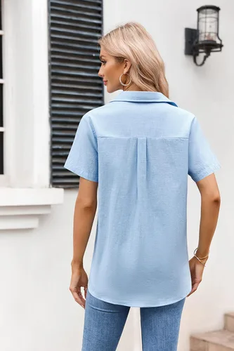 Vista 3 de Camisas de manga corta con botones para mujer, blusas de algodón y lino, cuello en V, camisa básica de trabajo