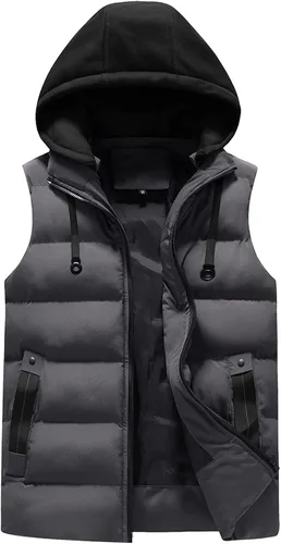 Vista 15 de WENKOMG1 Chaleco con capucha con doble cremallera para hombre, abrigo de color sólido, abrigo cálido y grueso, sin mangas, chaqueta suelta