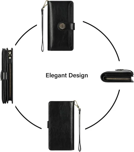 Vista 6 de Lavemi Carteras de cuero genuino de gran capacidad con bloqueo RFID para mujer, tarjetero con correa para la muñeca