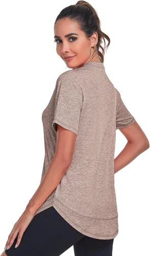 Vista 5 de Absttith Camisetas de entrenamiento de manga corta para mujer, para yoga, senderismo, secado rápido, cuello en V, camiseta deportiva con abertura
