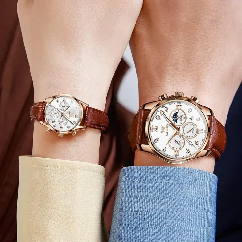 Vista 8 de OLEVS Juego de 2 relojes de cuarzo para parejas de San Valentín, para él y ella, cronógrafo de cuero, con diamantes para hombres, mujeres, amantes