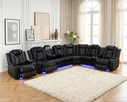 Vista 19 de Sofá seccional reclinable eléctrico con asiento de cine en casa con LED y puerto USB L Shaped Reclining Couch with Reading Lamp, Cup Negro