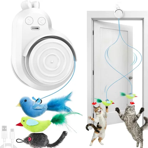 Vista 9 de Juguetes interactivos para gatos de interior: varita eléctrica automática de plumas y ratón de pájaro volador, recargable eléctrica colgante, juego