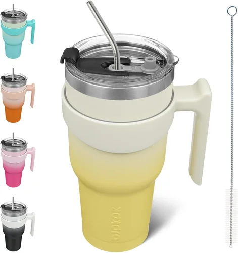 Vista 75 de BJPKPK Mini vaso de 10 onzas con tapa, popote y asa, taza de acero aislada