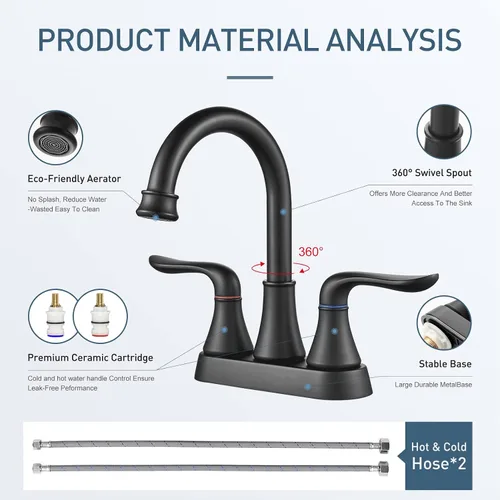 Vista 5 de GENBONS Grifos de baño para fregadero de 3 agujeros, 4 pulgadas, color negro mate con drenaje emergente y 2 mangueras de suministro, 2 manijas