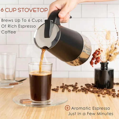 Vista 3 de Mixpresso Cafetera Espresso Greca Negra para Estufa de 6 Tazas 300ml/10oz, Olla Moka con Diseño de Percolador de Café, Cafetera de Acero Inoxidable