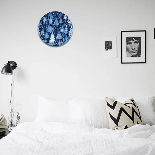 Vista 4 de Reloj de madera con árboles de Navidad y copos de nieve, reloj de pared redondo azul para interiores, funciona con pilas, silencioso, sin ruido