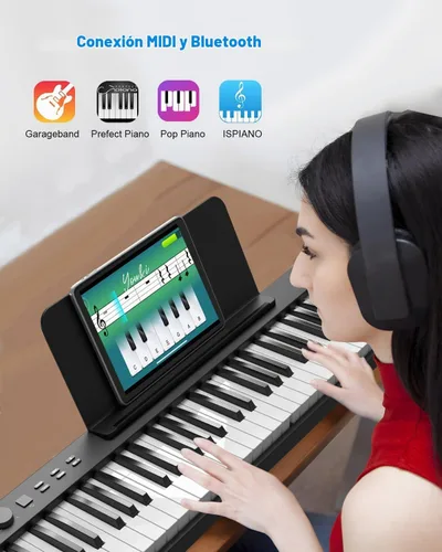 Vista 3 de Teclado de piano plegable de 88 teclas, teclado de piano portátil con tecla semipesada estándar, piano plegable con soporte Bluetooth/MIDI