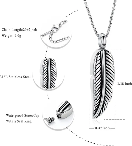 Vista 2 de Oinsi Collar de urna de plumas de acero inoxidable para cenizas de cremación, recuerdo de joyas, caja y kits de relleno