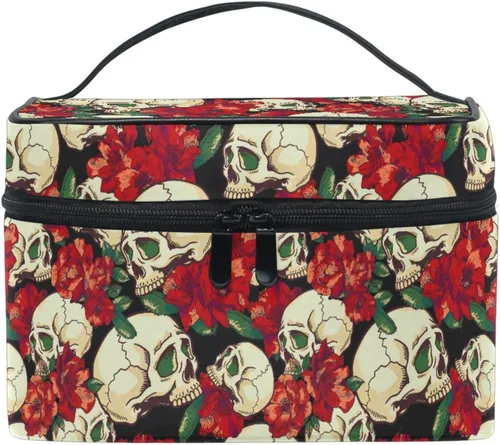 Vista 23 de Bolsa de Maquillaje, Estuche de Maquillaje Organizador de Viaje con Diseño de Calavera y Flores, Estuche de Cosméticos, Bolsas de Aseo para Niñas