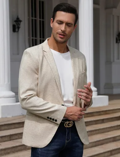 Vista 2 de TURETRENDY Abrigo deportivo casual para hombre, chaqueta de lino ligero, con un botón, traje de negocios, chaquetas elegantes para uso diario