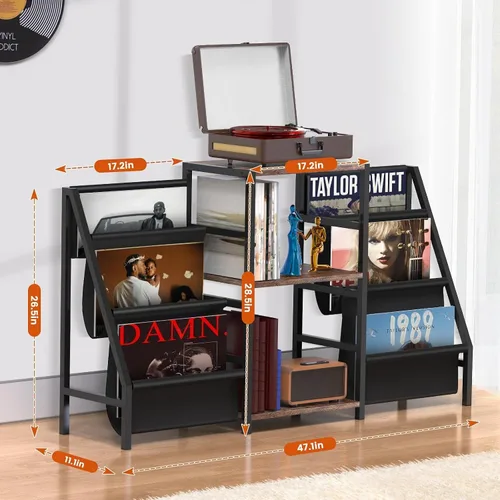 Vista 3 de Soporte para tocadiscos, almacenamiento de discos de vinilo con 6 niveles hasta 280 discos de CD, estante de exhibición para sala de estar Negro
