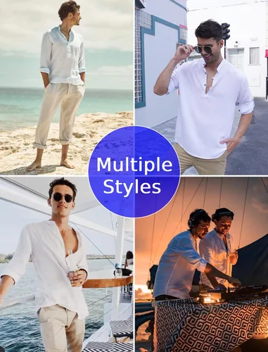 Vista 3 de COOFANDY Camisa Henley de algodón y lino para hombre, camisas de manga larga para playa, hippie