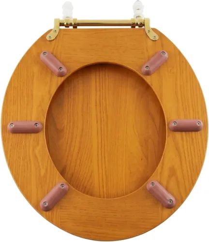 Vista 3 de Renovators Supply Manufacturing™ Asiento de inodoro redondo de madera de roble claro con bisagras de PVD de latón, madera maciza dura, diseño