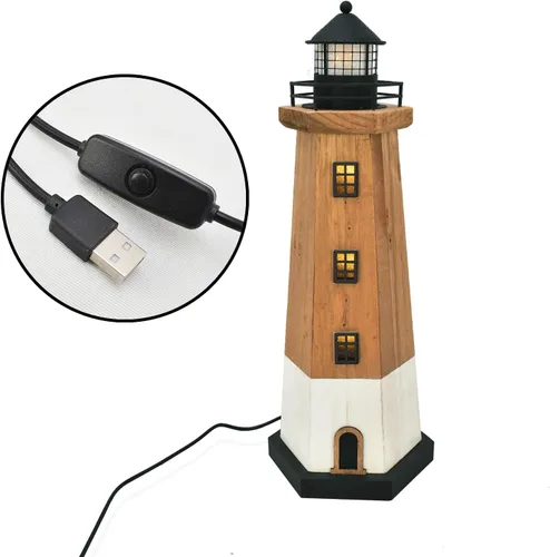 Vista 6 de Decoración de faro de madera con luz LED Centro de mesa náutico Marrón