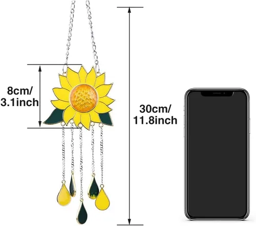 Vista 3 de Adornos de campanillas de viento de girasol, mini hermoso panel colgante de vitral con cadena para el panel del hogar, patio, porche, jardín